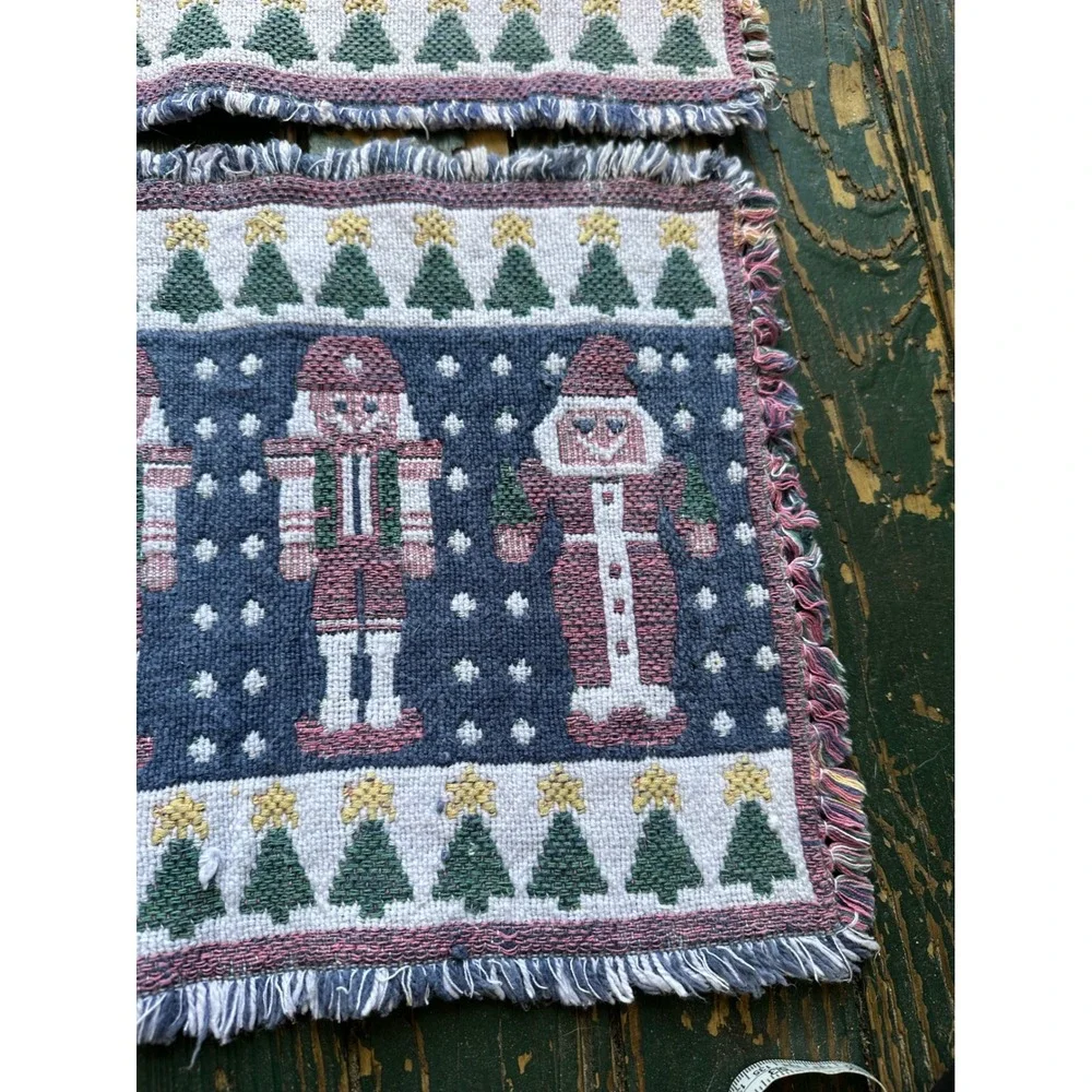 Vintage Nutcracker Christmas Woven Tapestry Placemats Set of 6 Fringed Navy Red